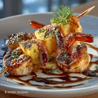 Brochette Ananas Crevette caram&eacute;lis&eacute;e Gla&ccedil;age MielEspelette