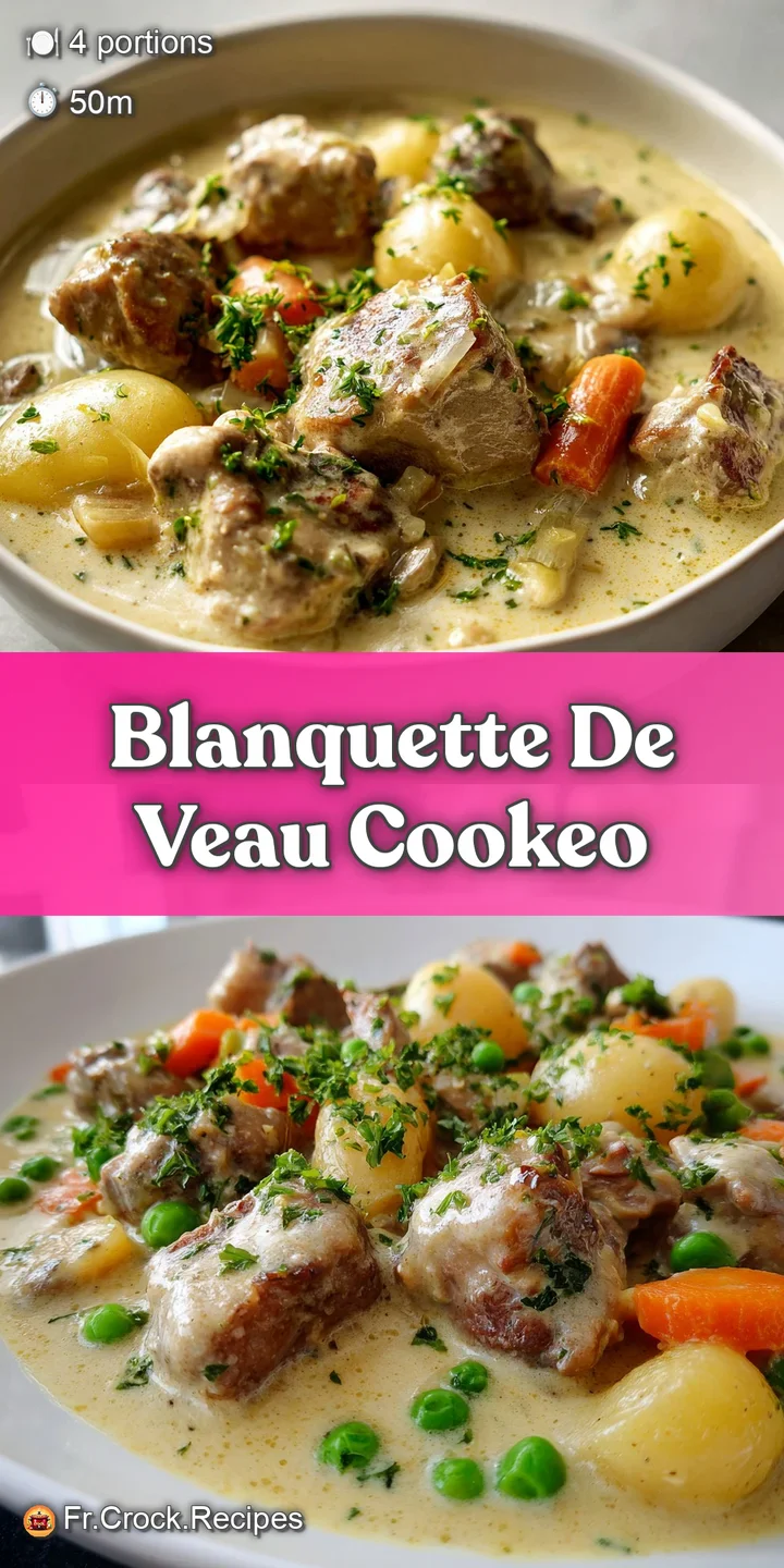 Close-up of blanquette de veau, showcasing the rich, glossy sauce and the delicate texture of the veal. Flecks of herbs pr...