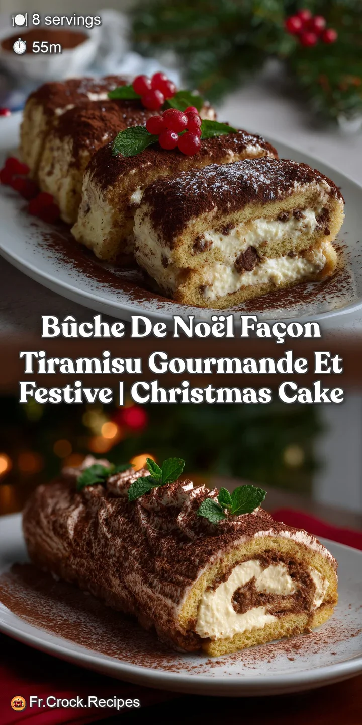 Close-up of a festive log cake with rich, dark chocolate shavings, layers of light cream, and a dusting of cocoa powder, l...