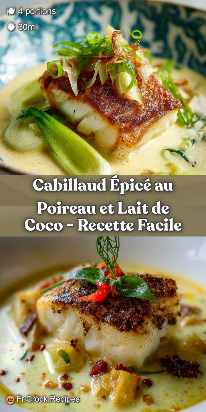 Close-up of tender white cod with a glossy, rich coconut sauce, highlighted by slivers of bright green leeks.