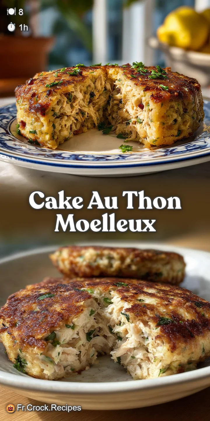 Close-up of a tuna cake slice: dense texture, moist crumbs, flecks of herbs. Warm, inviting color and subtle sheen hints a...