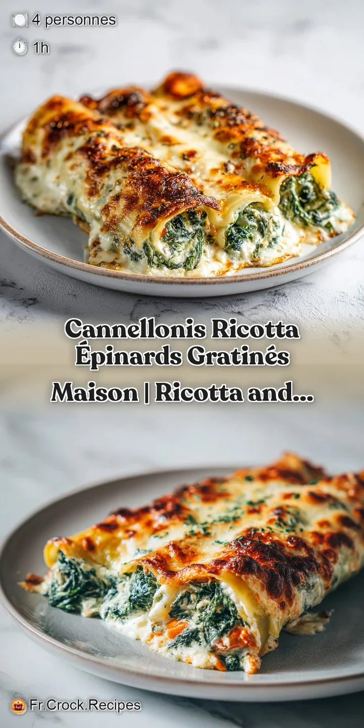 Close-up of baked cannelloni, revealing a creamy ricotta and spinach filling beneath a crisp crust.