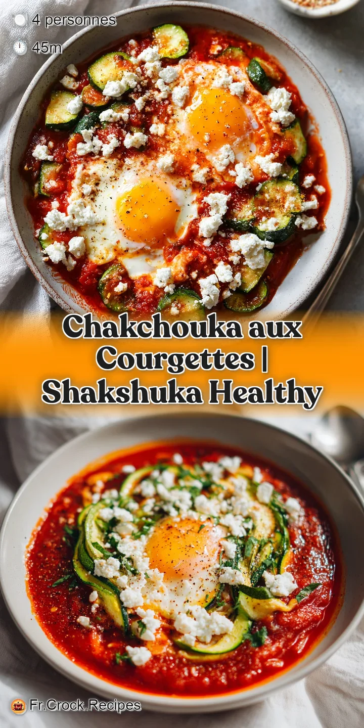 Gros plan sur un jaune d'&oelig;uf fondant sur une sauce tomate &eacute;paisse et des morceaux de courgettes vertes et fondantes.