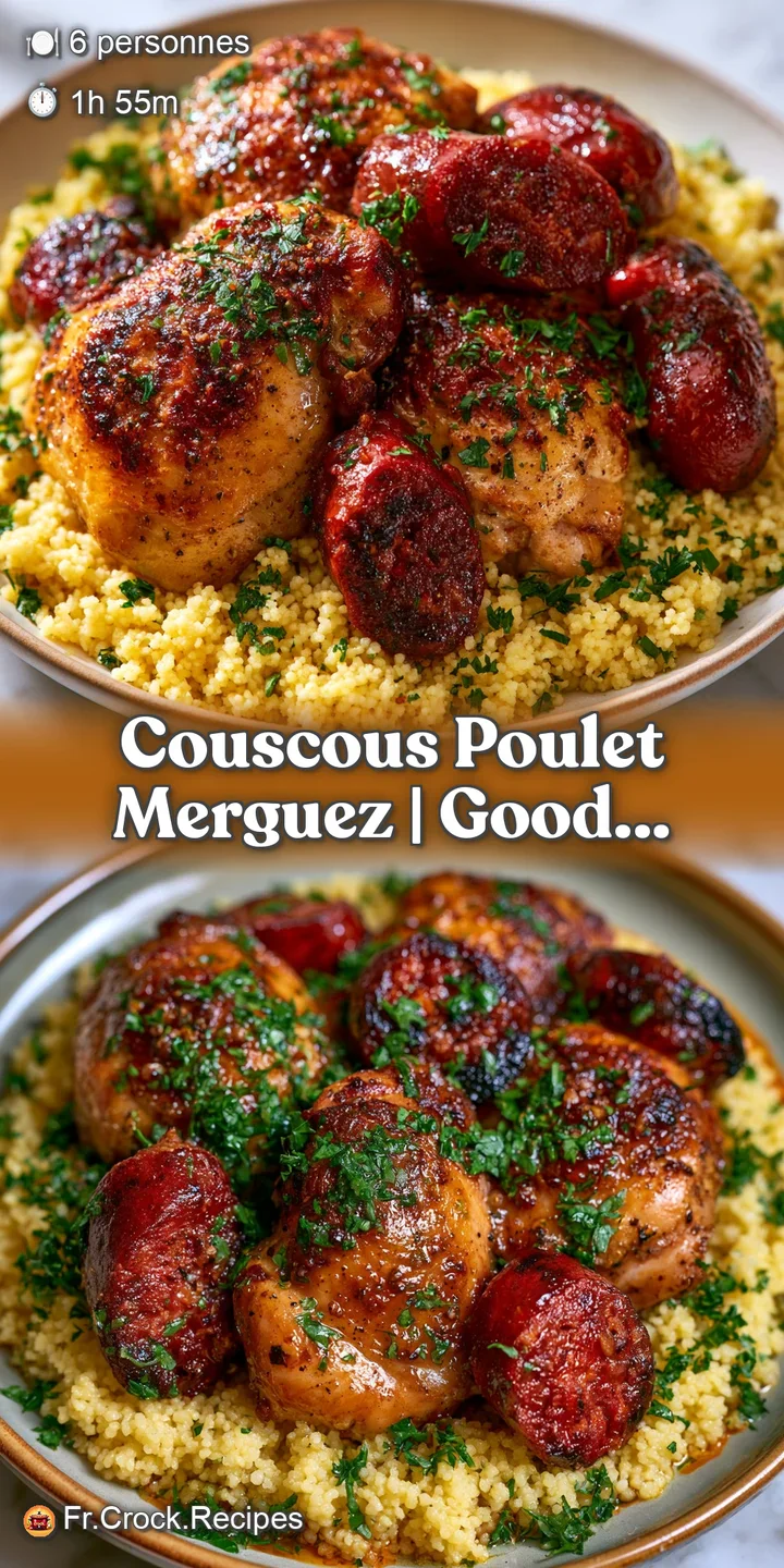 Gros plan sur des grains de semoule vapeur, merguez grill&eacute;es brillantes et morceaux de poulet tendres et juteux.