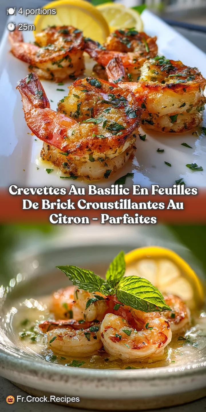 Up-close shot revealing the textured layers of a golden-brown brick pastry filled with plump shrimp and vibrant green basi...