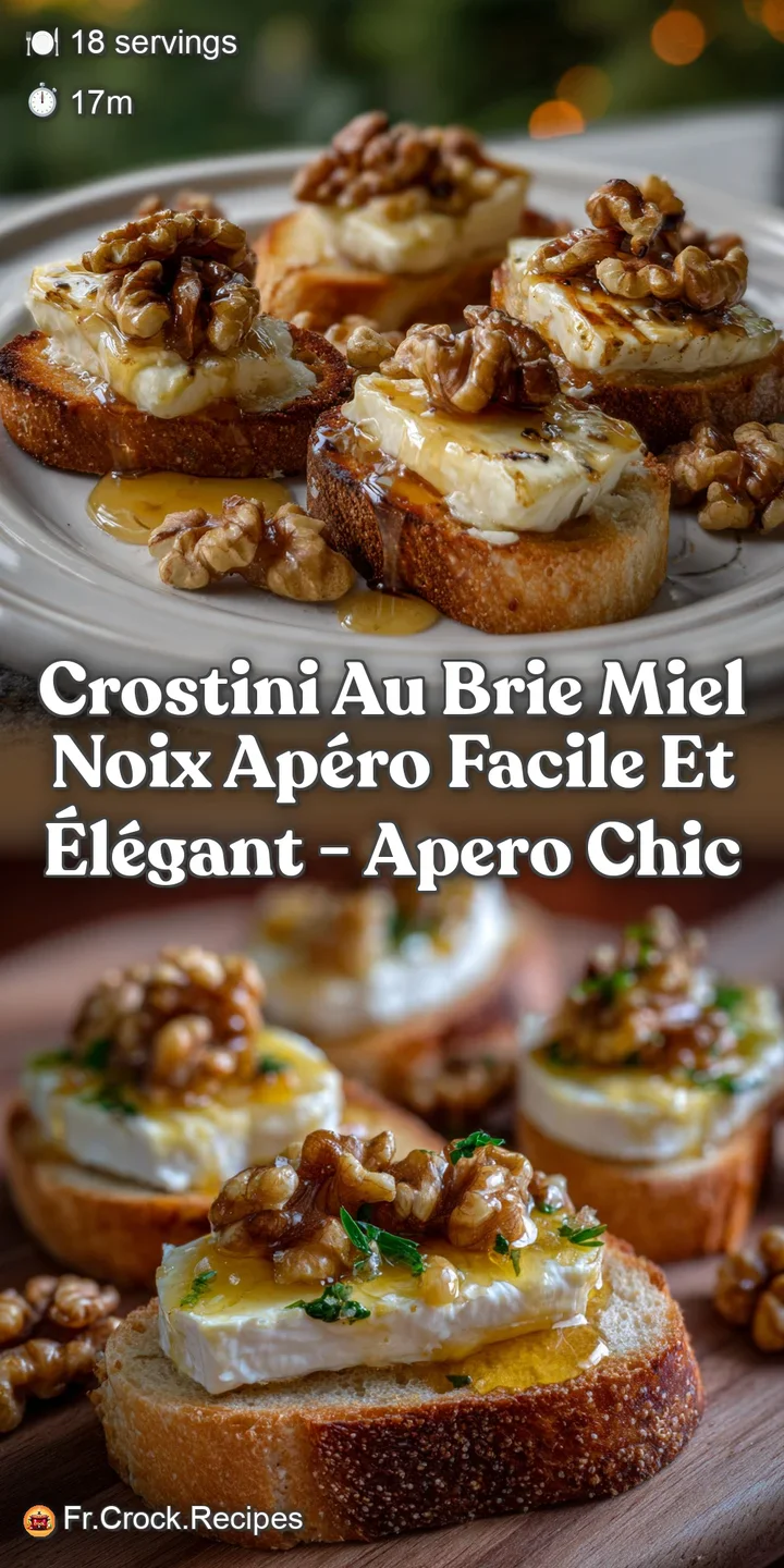 Close-up of bubbling, melted brie on toasted baguette slices, drizzled with amber honey, and sprinkled with crunchy walnut...