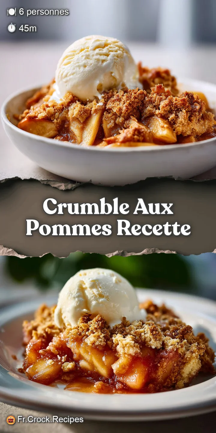 Close-up of a warm apple crumble with a golden, flaky topping. The juicy apple filling bubbles beneath, hinting at a sweet...