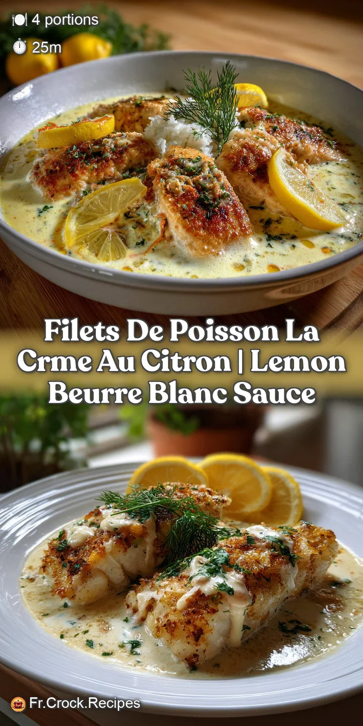 Close-up of flaky, white fish bathed in a rich, creamy lemon sauce. Hints of vibrant green herbs and the sauce's glistenin...