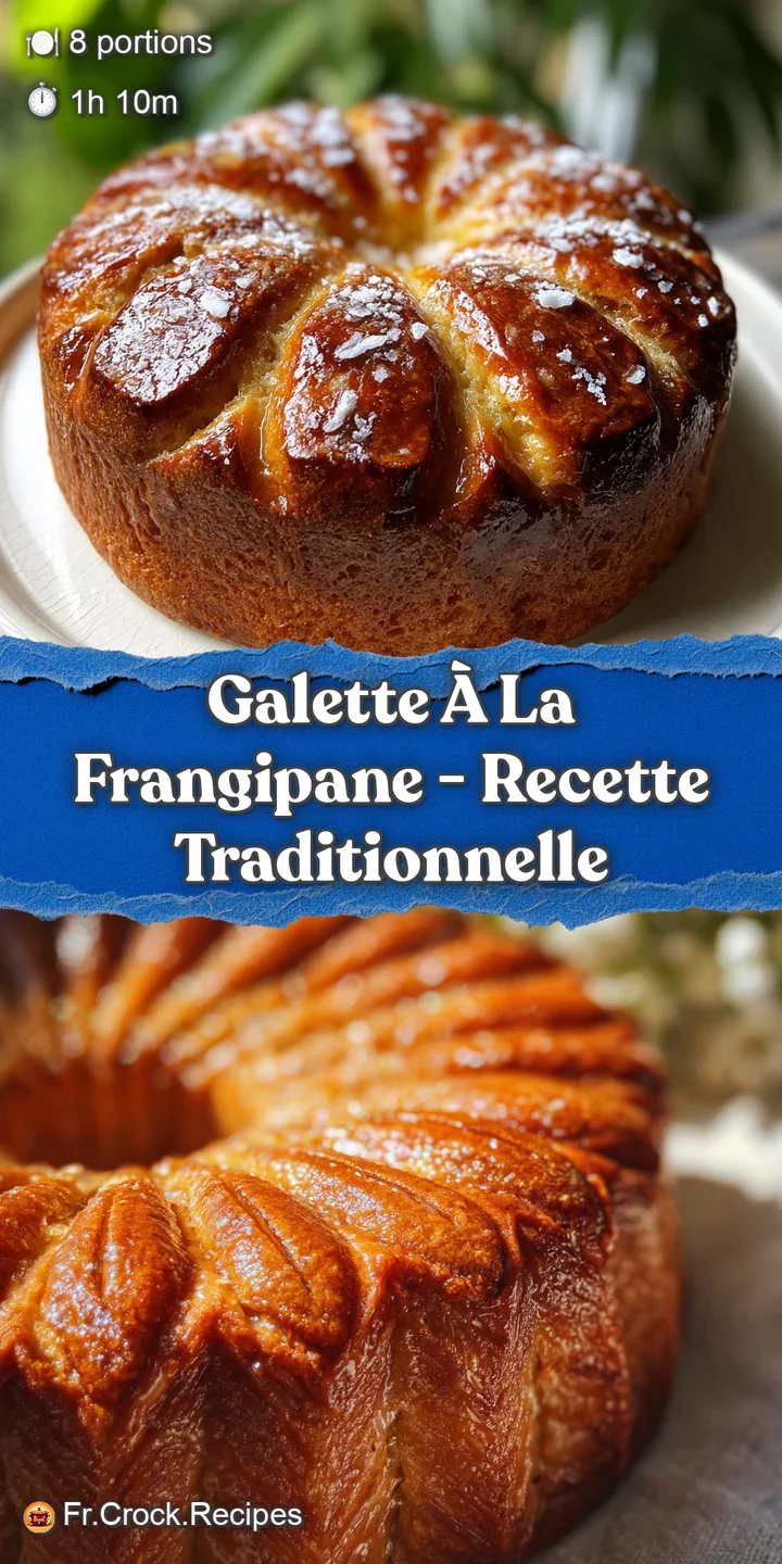 Close-up of a warm, golden brown galette; the flaky crust and soft, sweet frangipane filling hint at its delicious, nutty ...