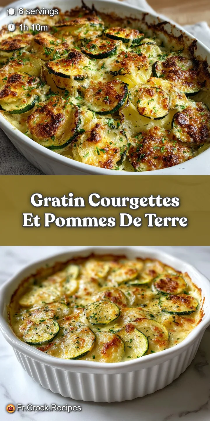 Creamy, cheesy gratin with visible layers of tender zucchini and potatoes. Close-up reveals a golden, bubbling crust and a...