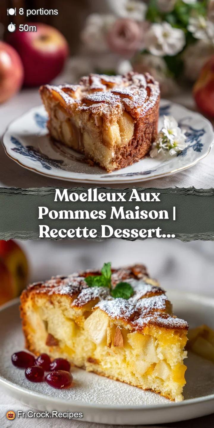 Close-up of moist apple cake with soft, caramelized edges. Visible apple slices baked throughout. A delicious and inviting...