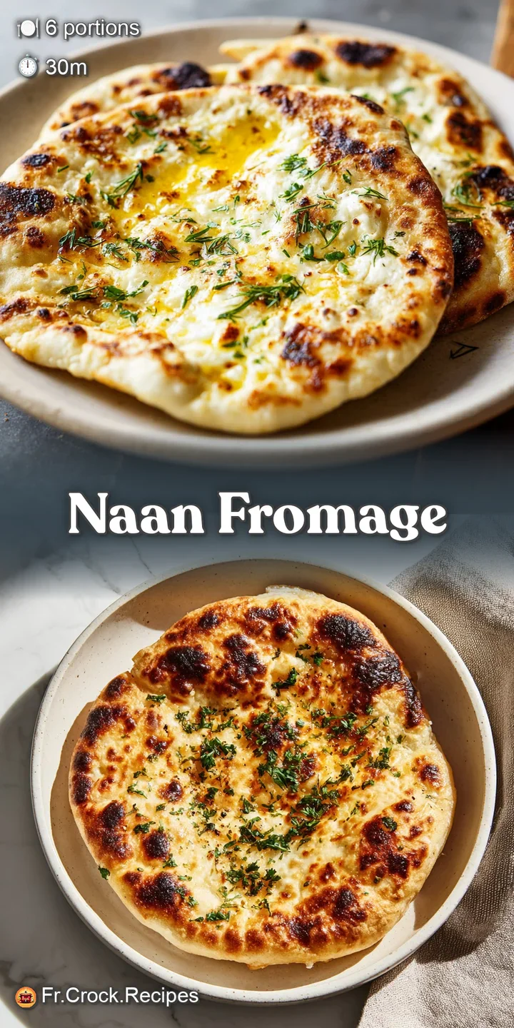 Close-up of a warm, golden naan; bubbly and crisp on top, bursting with melted, gooey cheese. Soft, warm, and tempting det...