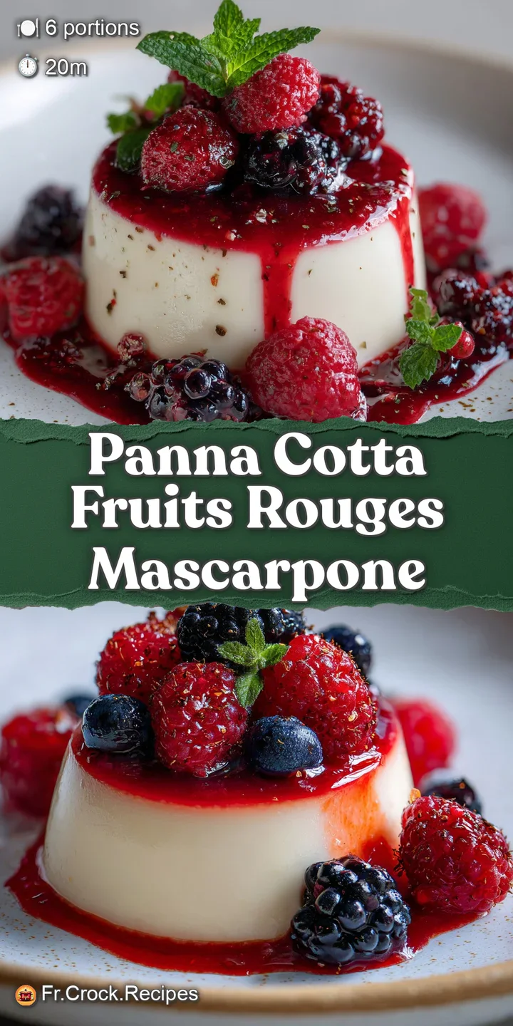 Close-up of glossy, trembling panna cotta with a luscious ruby-red berry compote, flecked with mascarpone, a truly temptin...