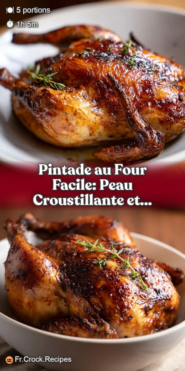 Close-up of succulent roasted guinea fowl, showcasing its crispy, crackled skin and glistening juices, promising a flavorf...