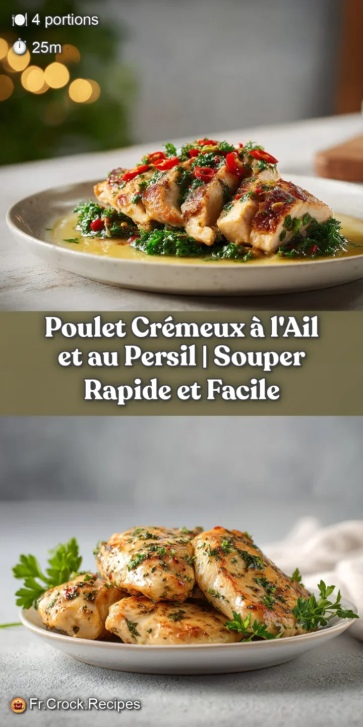 Close-up of fork-tender chicken coated in a luscious, creamy white garlic sauce flecked with fresh green herbs.