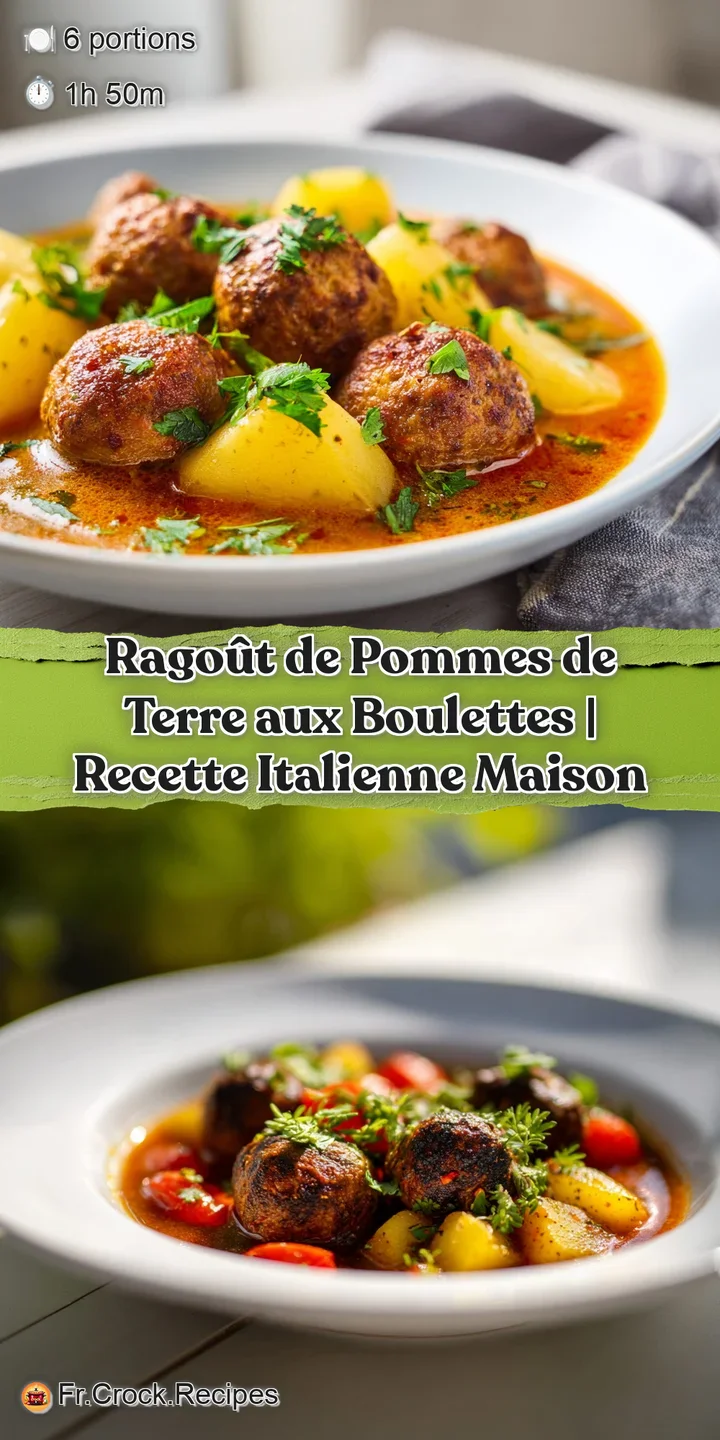 Close-up of a forkful of tender potatoes and juicy meatballs in a deep, savory broth.