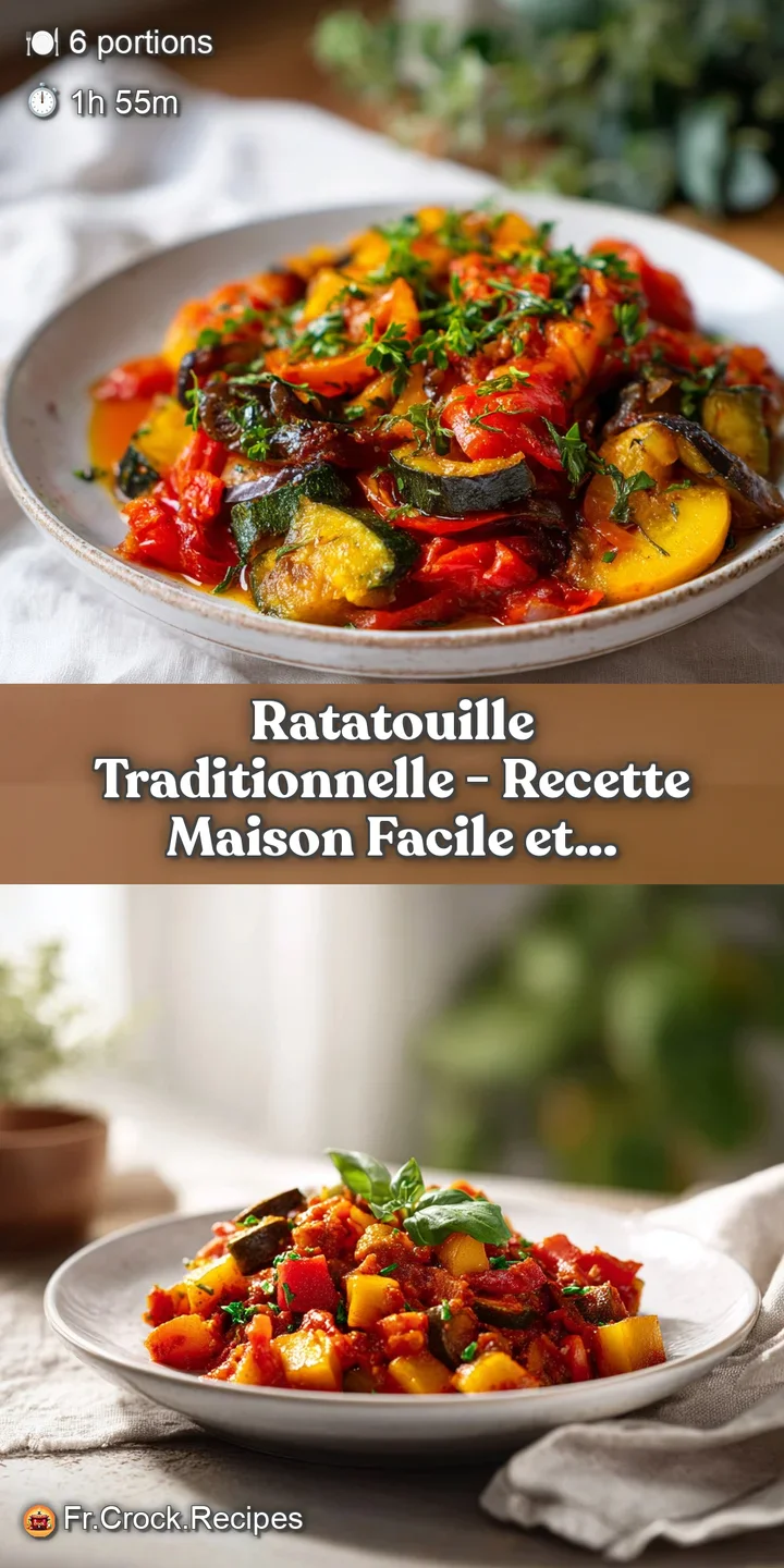 Close-up of glossy, tender ratatouille layers with a rich red tomato sauce, highlighting the soft textures of eggplant and...