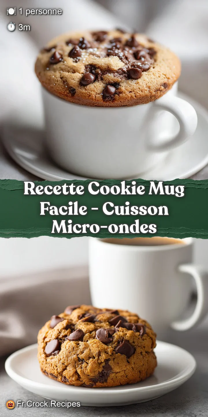 Close-up of a soft, warm chocolate chip cookie in a mug, with glistening melted chocolate pools and a slightly cracked sur...