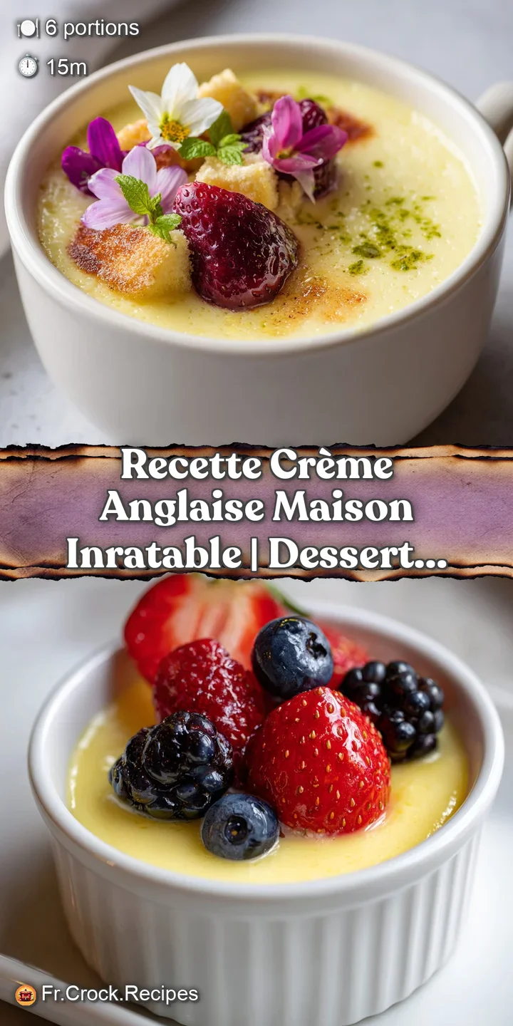 Close-up of rich, creamy Cr&egrave;me Anglaise with flecks of vanilla, glistening and inviting with its velvety, smooth texture.