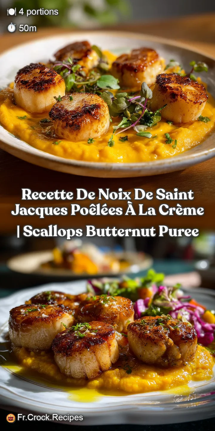 Close-up of golden-brown scallops with a rich, creamy sauce. The texture is smooth and decadent, with a hint of fresh herb...