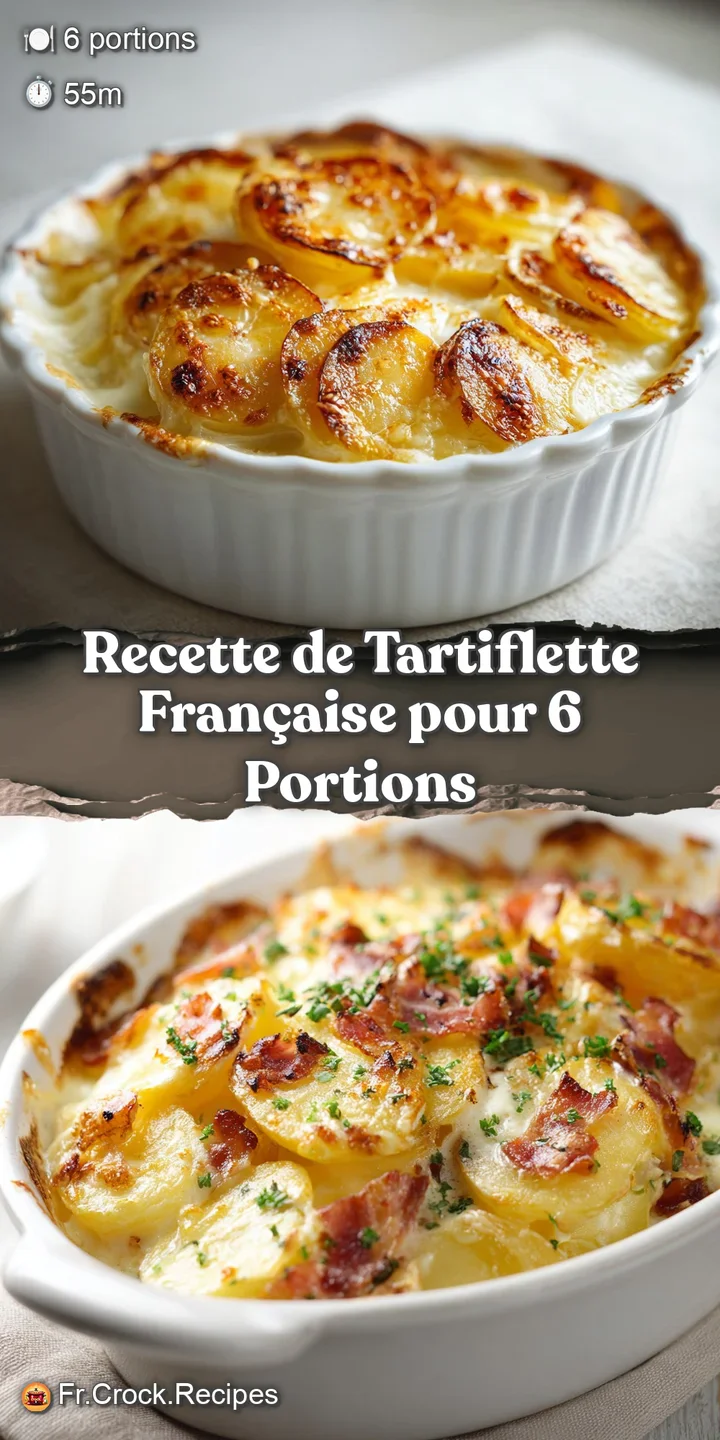 Close-up of creamy, melted Reblochon cheese oozing over golden potatoes and crispy lardons in a bubbling hot Tartiflette d...