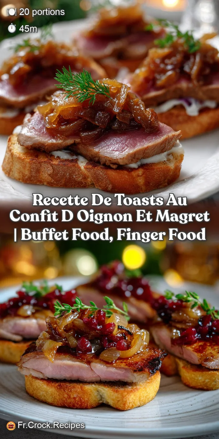 Close-up view of a gourmet toast, highlighting the glossy onion confit, the perfectly seared duck, and the inviting textur...