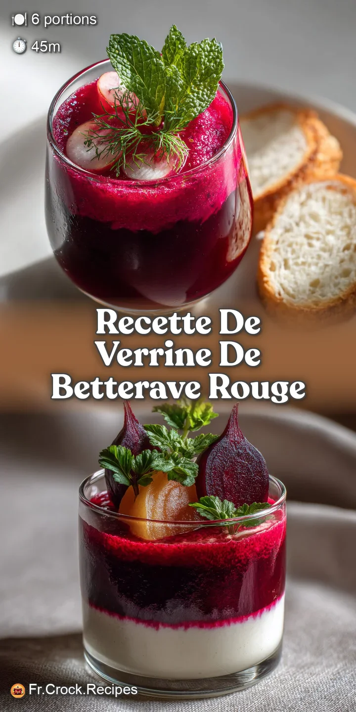 Close-up of a beet verrine revealing a smooth, creamy texture. Swirls of deep pink beet puree contrast against fresh, brig...