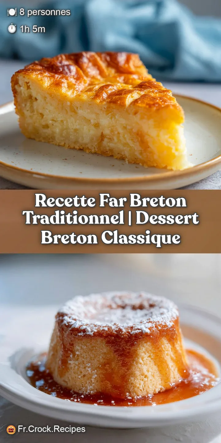 Close-up of Far Breton's glistening, slightly caramelized surface. The rich, eggy custard hints at the warm, comforting fl...