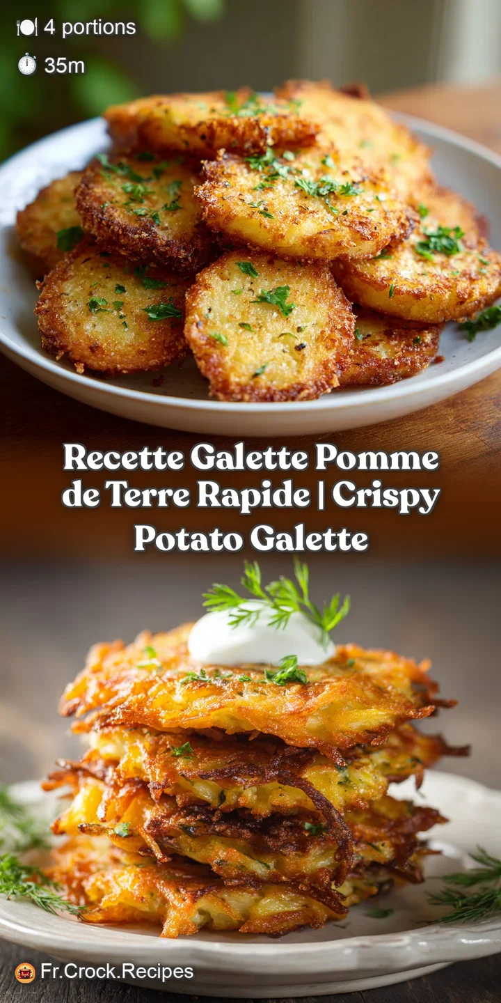 Close-up of a potato galette, crispy layers visible, seasoned with herbs. Hints of golden brown, flaky texture.