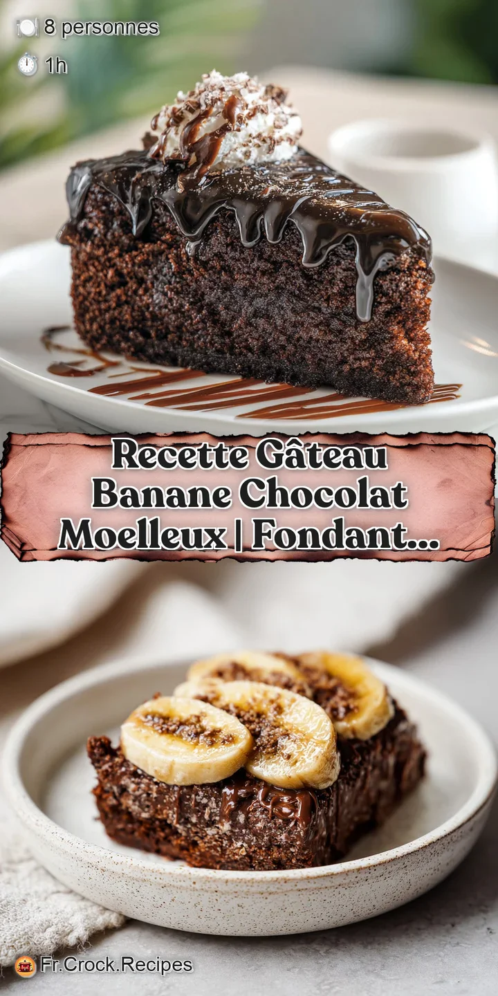 Close-up of a decadent chocolate banana cake, revealing a soft, moist interior dotted with caramelized bits of banana. Del...