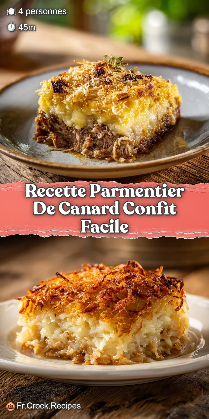 Close-up of savory duck confit topped with a creamy layer of golden-brown potatoes. Visible steam hints at the warm dish.