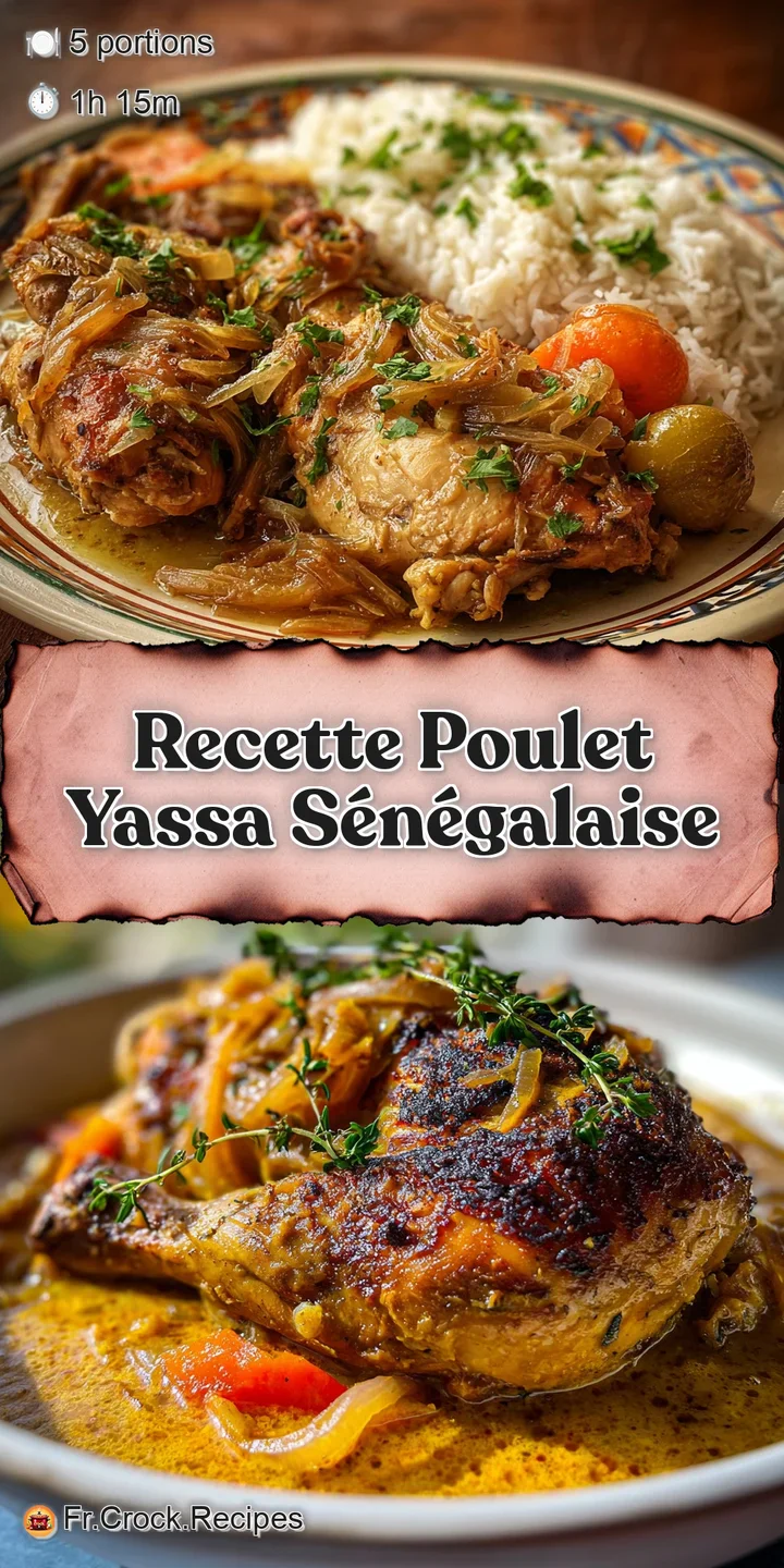 Close-up reveals juicy chicken with caramelized onions, bathed in a rich, yellow sauce. Hints of herbs and tangy olives vi...