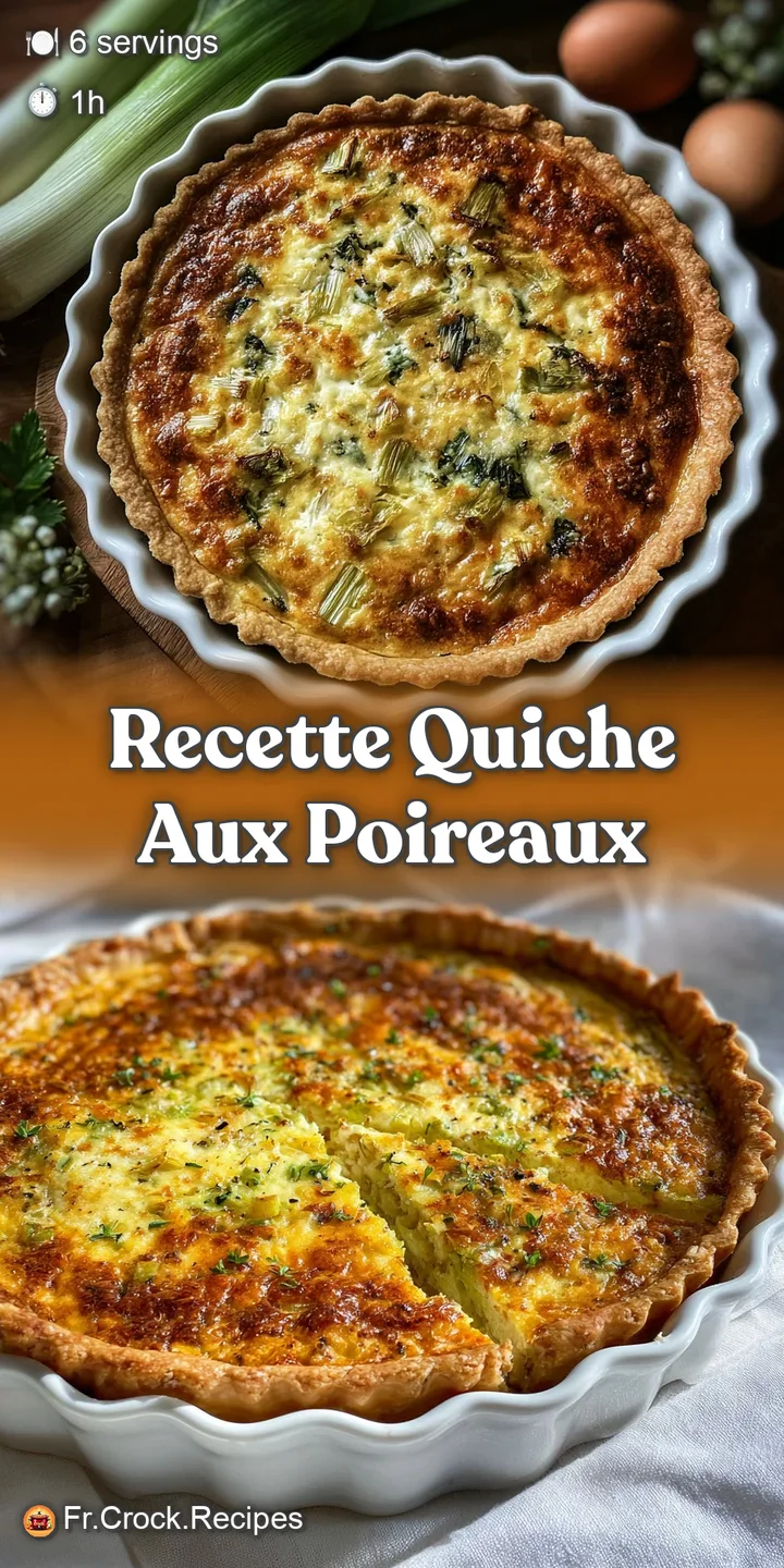 Close-up shot of a creamy, rich quiche aux poireaux, revealing tender leeks baked inside a flaky, buttery golden crust.