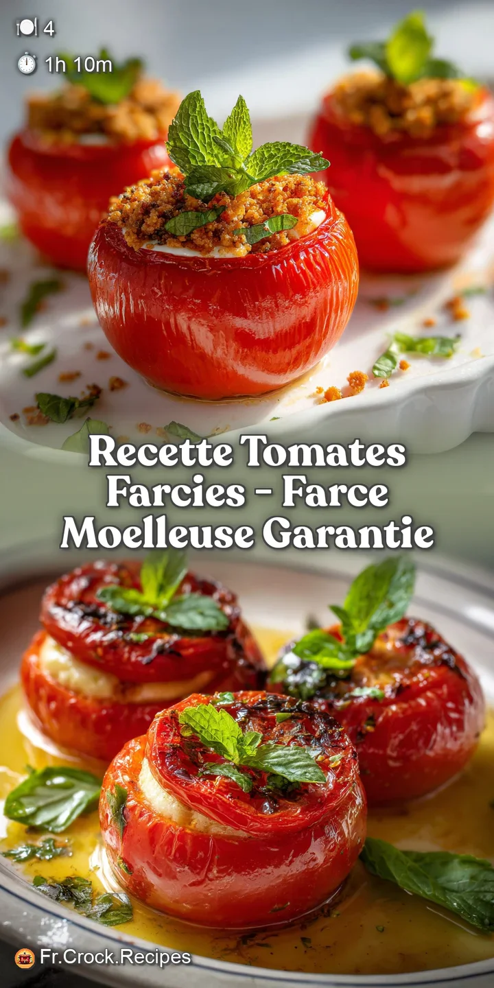Close-up of a stuffed tomato, showcasing the moist, textured filling. Herbs add pops of green against the deep red skin.
