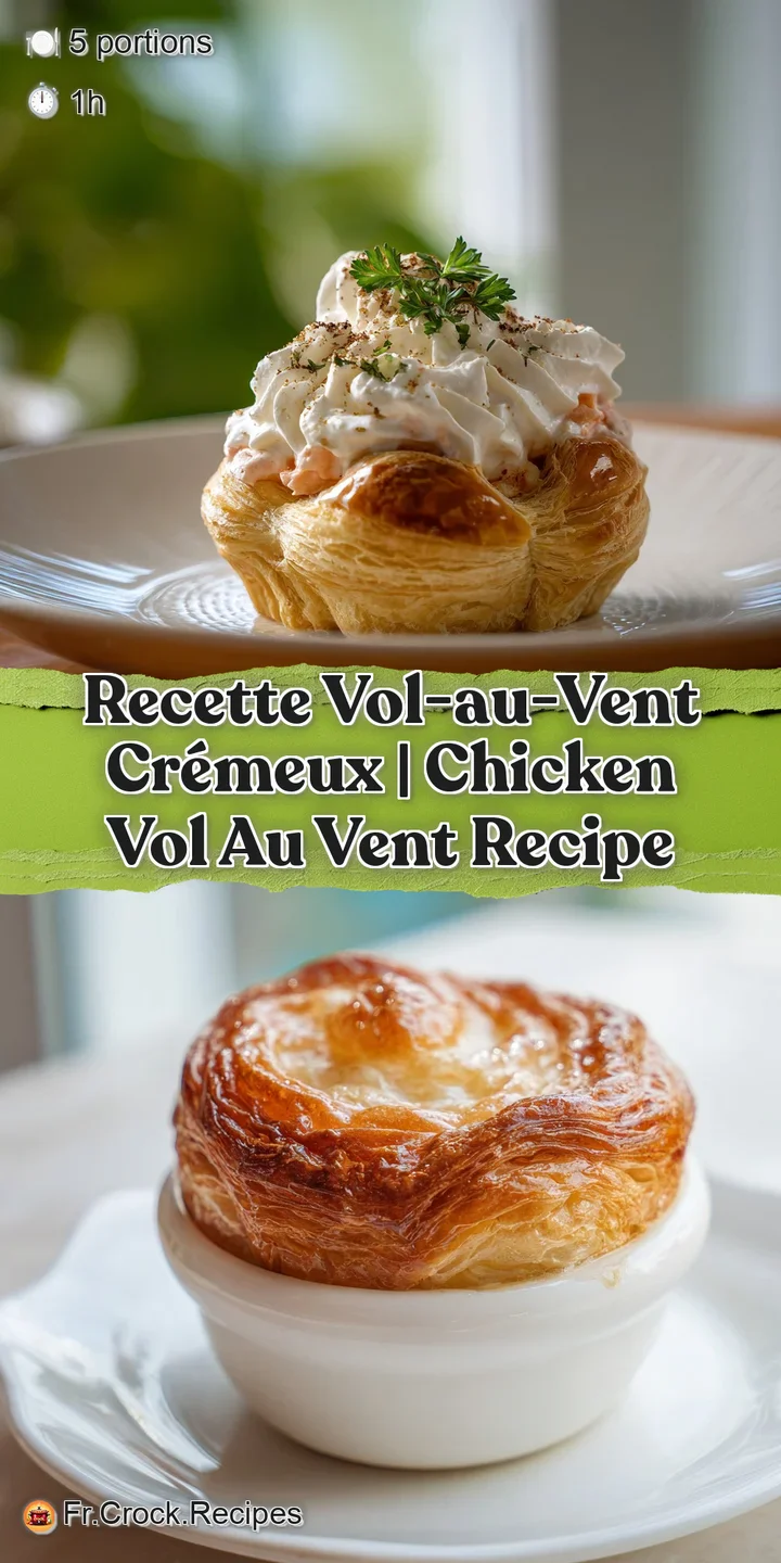 Close-up of a savory vol-au-vent; the golden, puffed pastry is filled with a steaming, rich chicken and mushroom cream sauce.