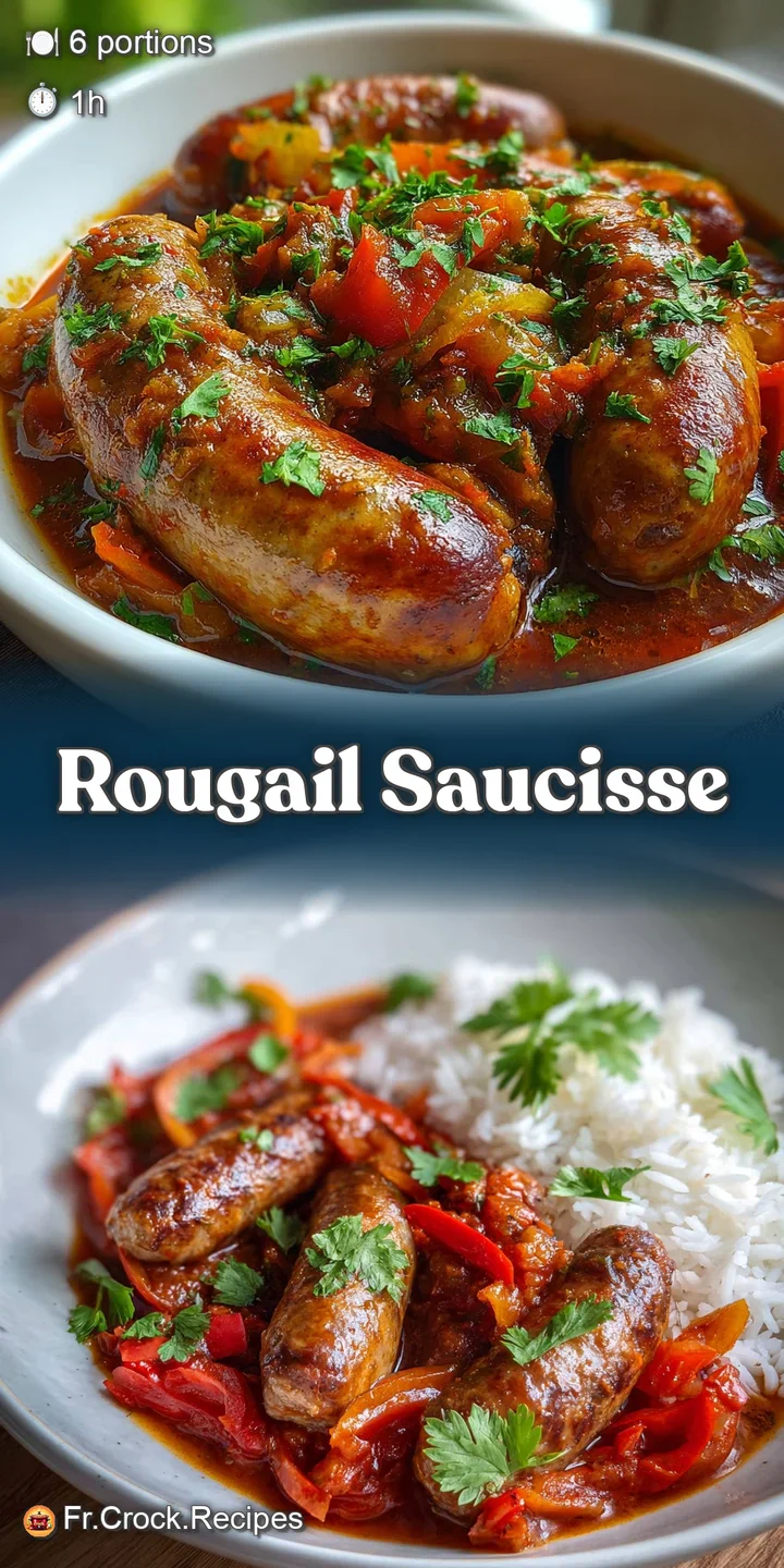 Close-up of flavorful sausage rougail: simmered sausage with caramelized edges swimming in a thick, vibrant red tomato sauce.