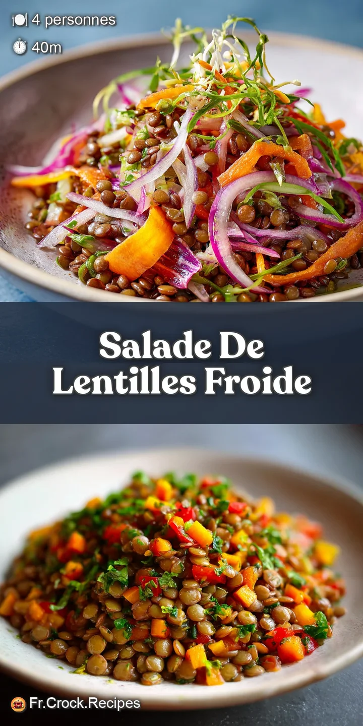 Close-up of lentil salad: hearty lentils mixed with colorful diced vegetables. The dressing creates a appealing sheen.