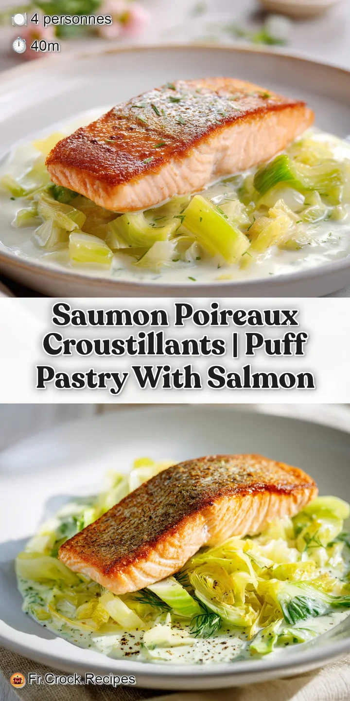 Gros plan sur la chair ros&eacute;e et fondante du poisson, surmont&eacute;e de poireaux frits croustillants aux reflets dor&eacute;s.