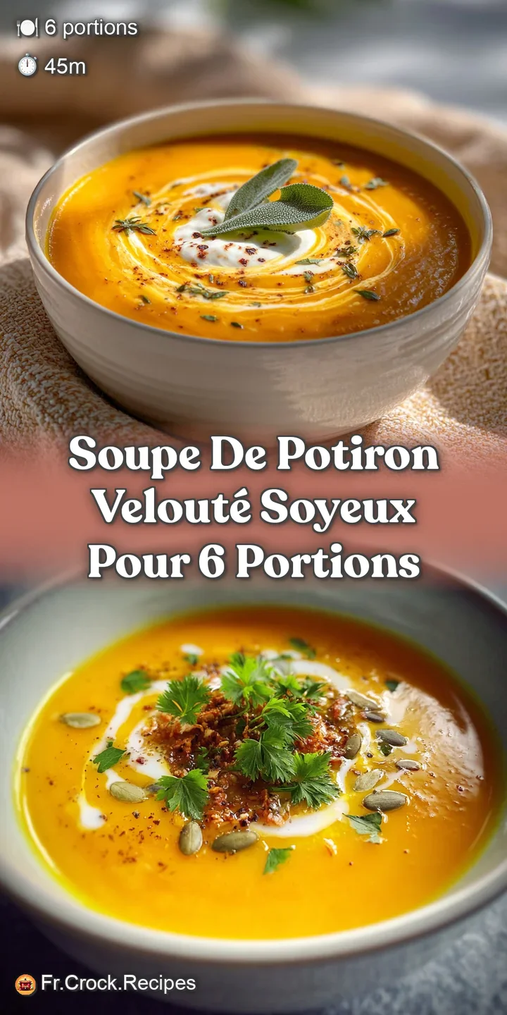 Close-up: Silky, rich pumpkin soup with visible steam rising, hinting at its warmth and velvety texture. A swirl of cream ...