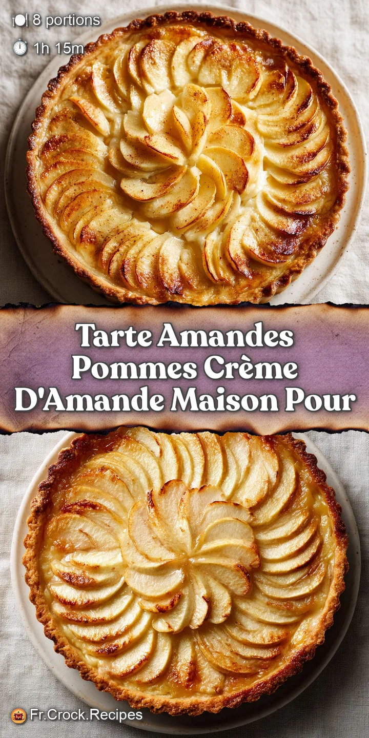 Close-up of glistening apple slices and creamy almond filling in a buttery tart shell. Hints of cinnamon and baked warmth ...