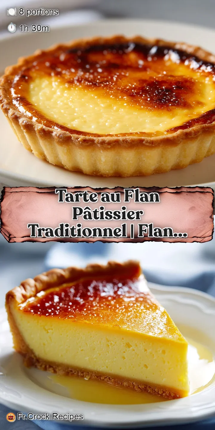 Close-up of a French custard tart, revealing the soft, wobbly texture of the filling and the blistered, buttery crust. Wa...