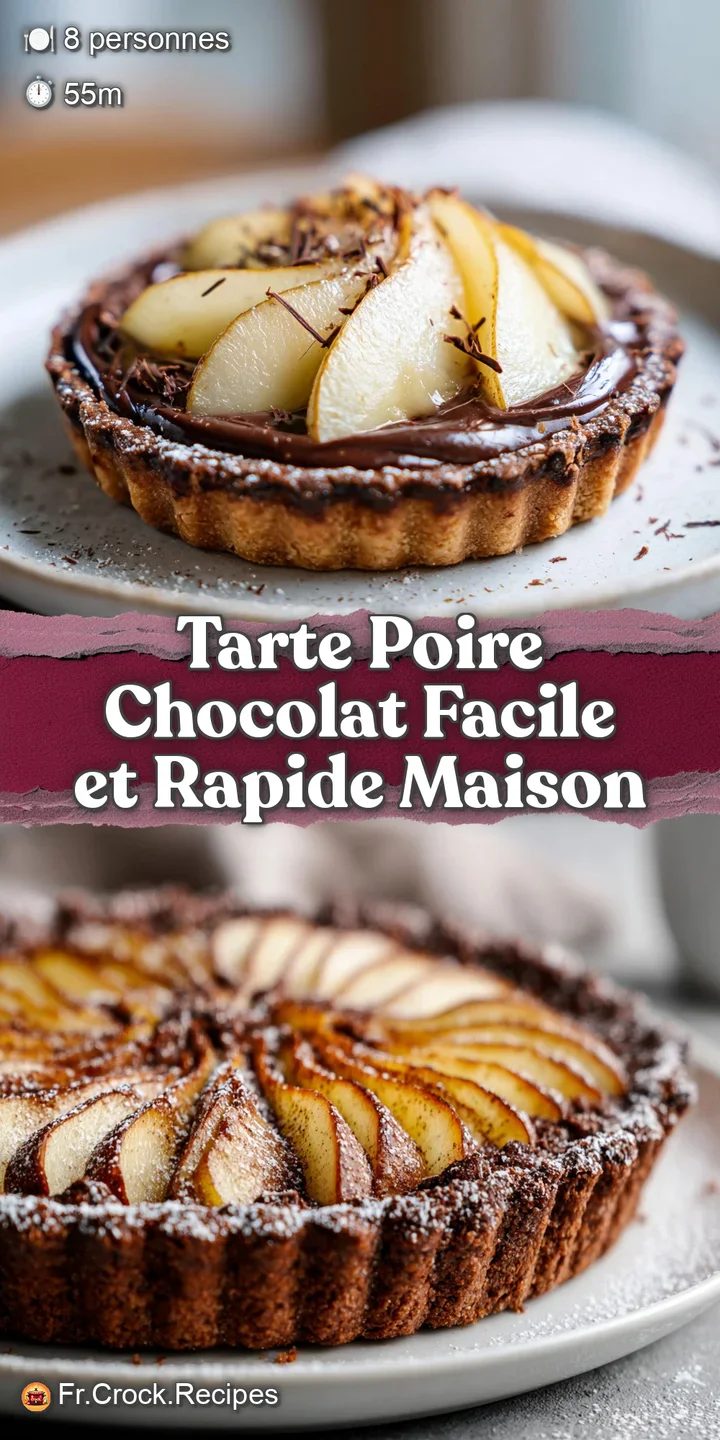 Close-up of a chocolate pear tart showcasing rich chocolate, juicy pears, and a crisp, golden-brown crust with glistening ...