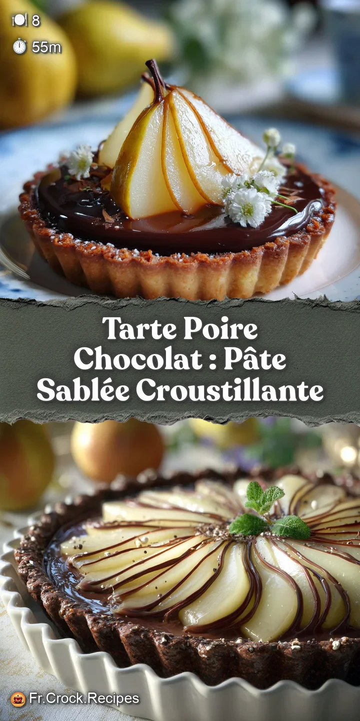 Close-up of pear chocolate tart: velvety smooth ganache, delicate pear slices, and a buttery crust, hints of warmth, and a...