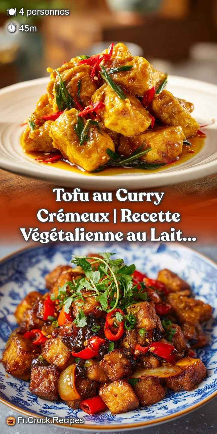 Close-up of soft tofu pieces bathed in a rich, aromatic coconut curry sauce, flecked with spices.