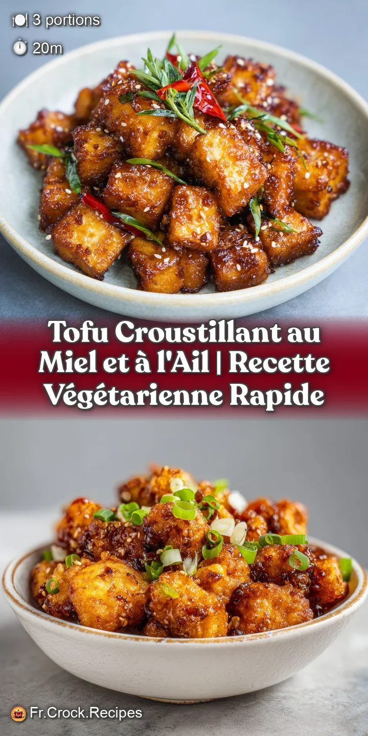 Close-up of a crunchy tofu piece, perfectly browned and coated in sticky, amber honey-garlic sauce.