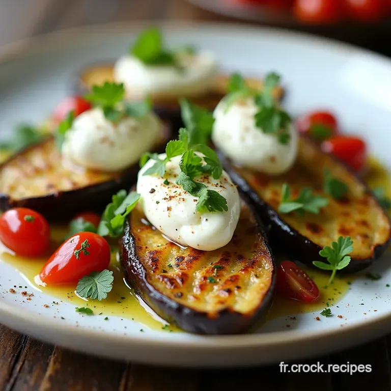 Aubergines Grill&eacute;es Burrata Cr&eacute;meuse et Vinaigrette Vierge &agrave; lOrigan