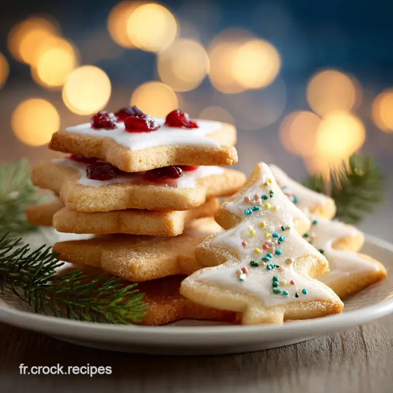 A stack of frosted Christmas cookies, decorated with intricate royal icing designs, rests elegantly on a festive holiday p...