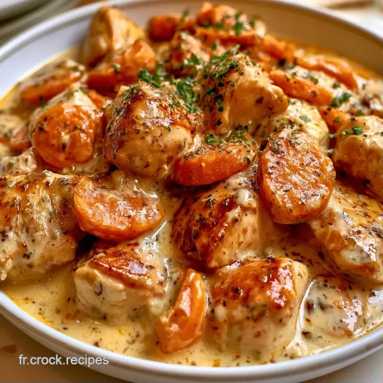 Mise en sc&egrave;ne &eacute;l&eacute;gante d'un plat napp&eacute; d'une sauce velout&eacute;e blanche, avec des carottes croquantes et du persil frais.