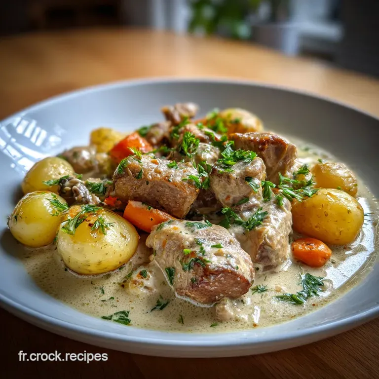 Elegant plate of blanquette de veau. Notice the silky smooth sauce coating the tender veal and perfectly cooked vegetables...