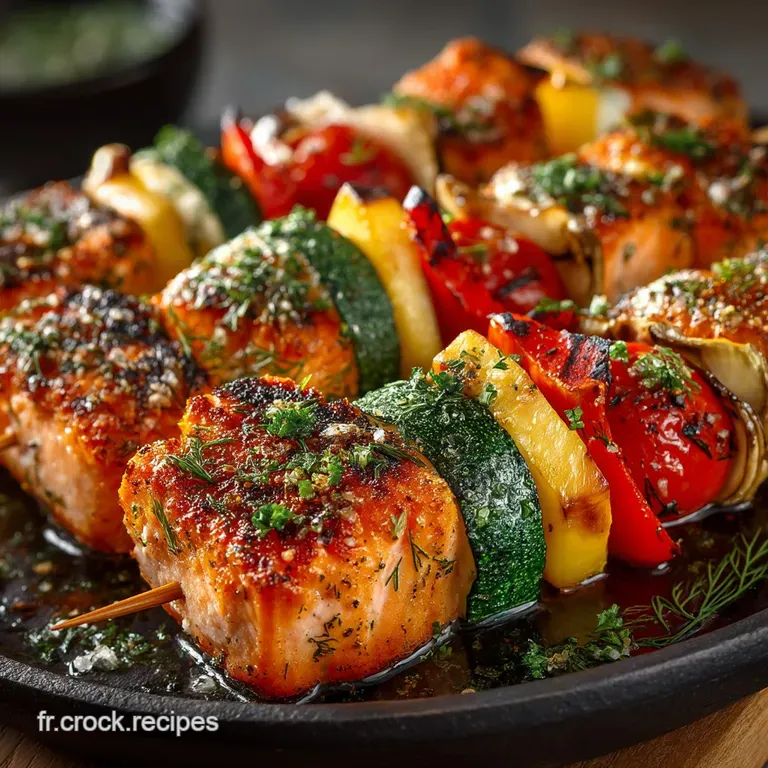 Brochettes Atlantiques Et Estivales Saumon Marinade Citronaneth Et L&eacute;gumes Croquants Au Barbecue presentation